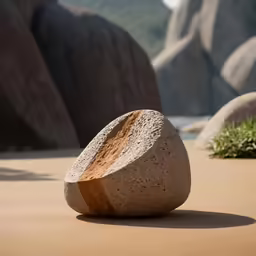 a round rock on the sand near some rocks