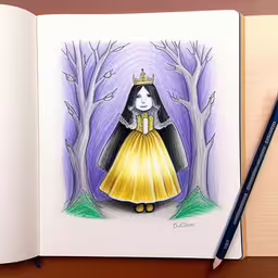 a pencil drawing of an illustration of a woman in a yellow dress,an opened book with a painting of a woman in a yellow dress