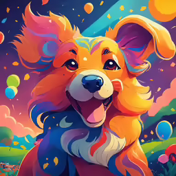 a cartoon dog with his tongue out and colorful background