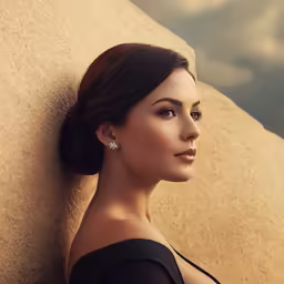 a beautiful woman leaning against a wall in a dress