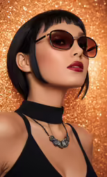 woman wearing sunglasses and black shirt, with an embellished butterfly on her neck