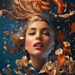 a woman laying on her back with fall leaves surrounding her
