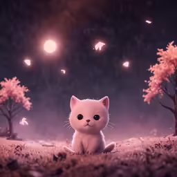 a cat sitting on the ground in the night