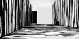 the inside of a room with a wall lined with lines,a black and white photo of an empty hallway