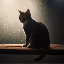 a dark cat sitting on top of a wooden shelf