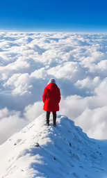 the man is standing on top of the snow covered mountain