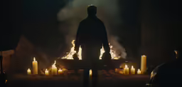 a person standing in front of a number of lit candles