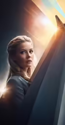 a poster of a woman leaning against a pillar with the sun in the background