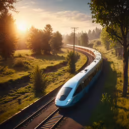 a high speed train traveling through a rural countryside,a passenger train traveling down the tracks in a field
