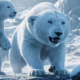 two white polar bears one is growling and one is angry