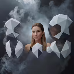 a woman is peeking from behind two white blocks in the smoke