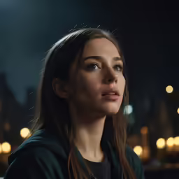 the young woman is staring at something