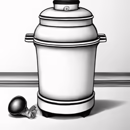 a black and white drawing of a trash can next to a ball