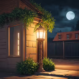 a street lamp in front of a house at night,an outside light fixture near an house at night