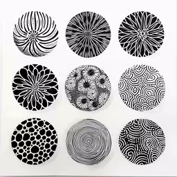 black and white drawings of different shapes,six abstractally designed images hung on a wall