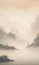 fog is rising around the water in a river near a forested mountain