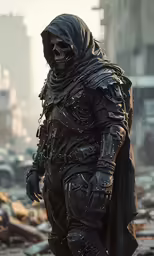 a man in a black coat, hood, and metal face mask