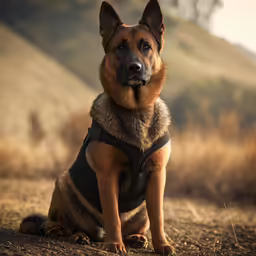 an adorable dog is sitting on the ground in the field