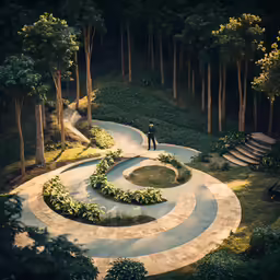 a man is standing near a circular garden in the middle of trees