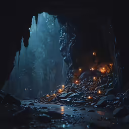 a dark cave entrance with a lot of glowing lights inside