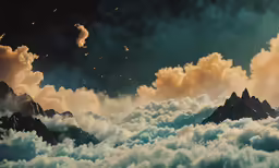 a photo taken from the ground looking at clouds and mountains