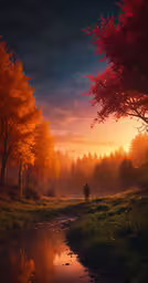 a person walking in the distance by a stream,an image of an artistic scene with a man in the forest