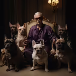 an older man sits between a group of french bulldogs