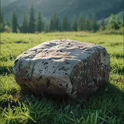 a stone that looks like a rock is sitting on the grass