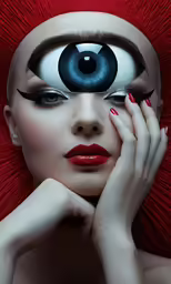 the woman is putting her eye shadow on her eye
