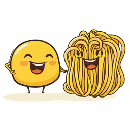 two yellow spaghetti noodles, one with smiling faces