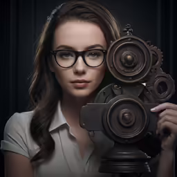 a woman holding up a pair of glasses over a telescope