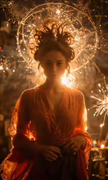 a woman wearing an orange dress is surrounded by fireworks