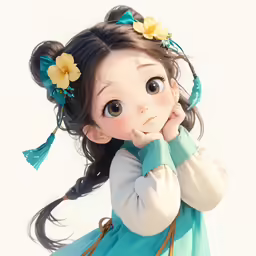 a cartoon doll with long hair and flowers on her head