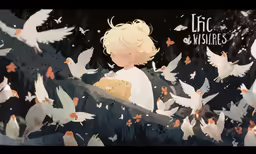 a picture of a girl surrounded by doves