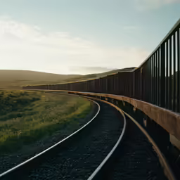 the train tracks are running parallel to the grass