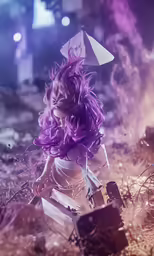 a young woman with purple hair is dancing in a smoke filled area