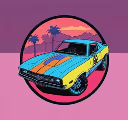 a car painted in color is in the middle of the painting,a painting of a yellow car with red, orange and blue stripes
