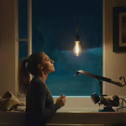 woman sitting in the window sill while taking photo of a light bulb