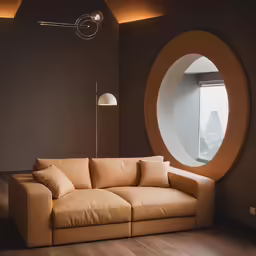 a modern couch is in the foreground with a circular window in the middle