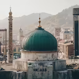the old minaret building has a large dome and a clock