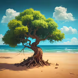 a painting of a tree trunk on the beach,a tree sits next to the beach under a cloudy sky