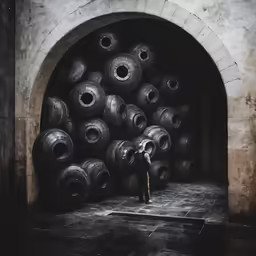 there is a man that is standing by some very large vases