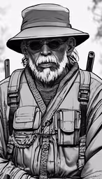 the man is wearing an army uniform with a rifle,a black and white drawing of an old man with a gun in his hand