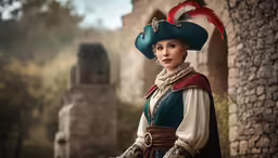 a woman in renaissance style clothing wearing a red and blue hat