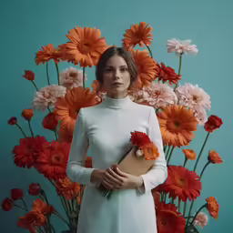 a woman with red flowers in her hair is holding a bouquet