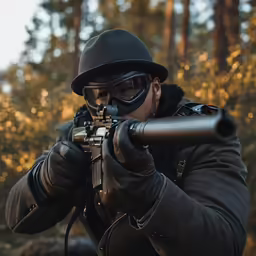 a man taking a picture of the forest with his rifle