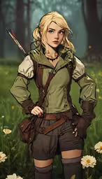 a painting of a woman in a field holding two guns,a young woman in an open air field with a gun