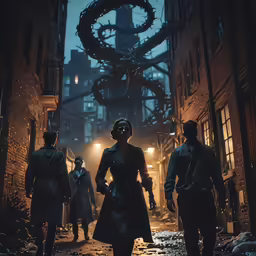 the cast of fantastic beasts walk along a street in a scene from fantastic beasts