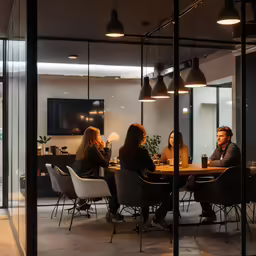 a group of people sit at a dining table