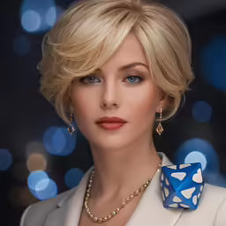 a beautiful blonde woman holding a dice shaped like a heart